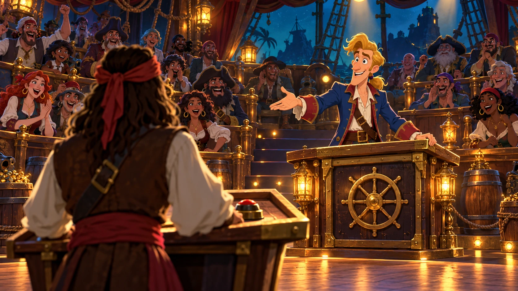 Un concorrente di spalle sfida Guybrush conduttore in uno studio piratesco, fra pirati e piratesse in festa.