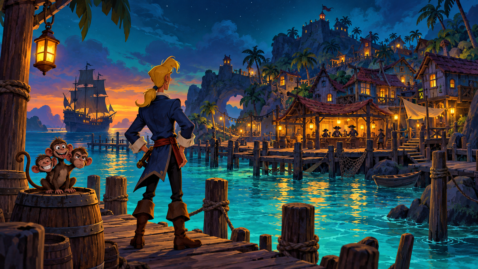 Guybrush sul molo con la scimmia a tre teste e un villaggio piratesco al crepuscolo