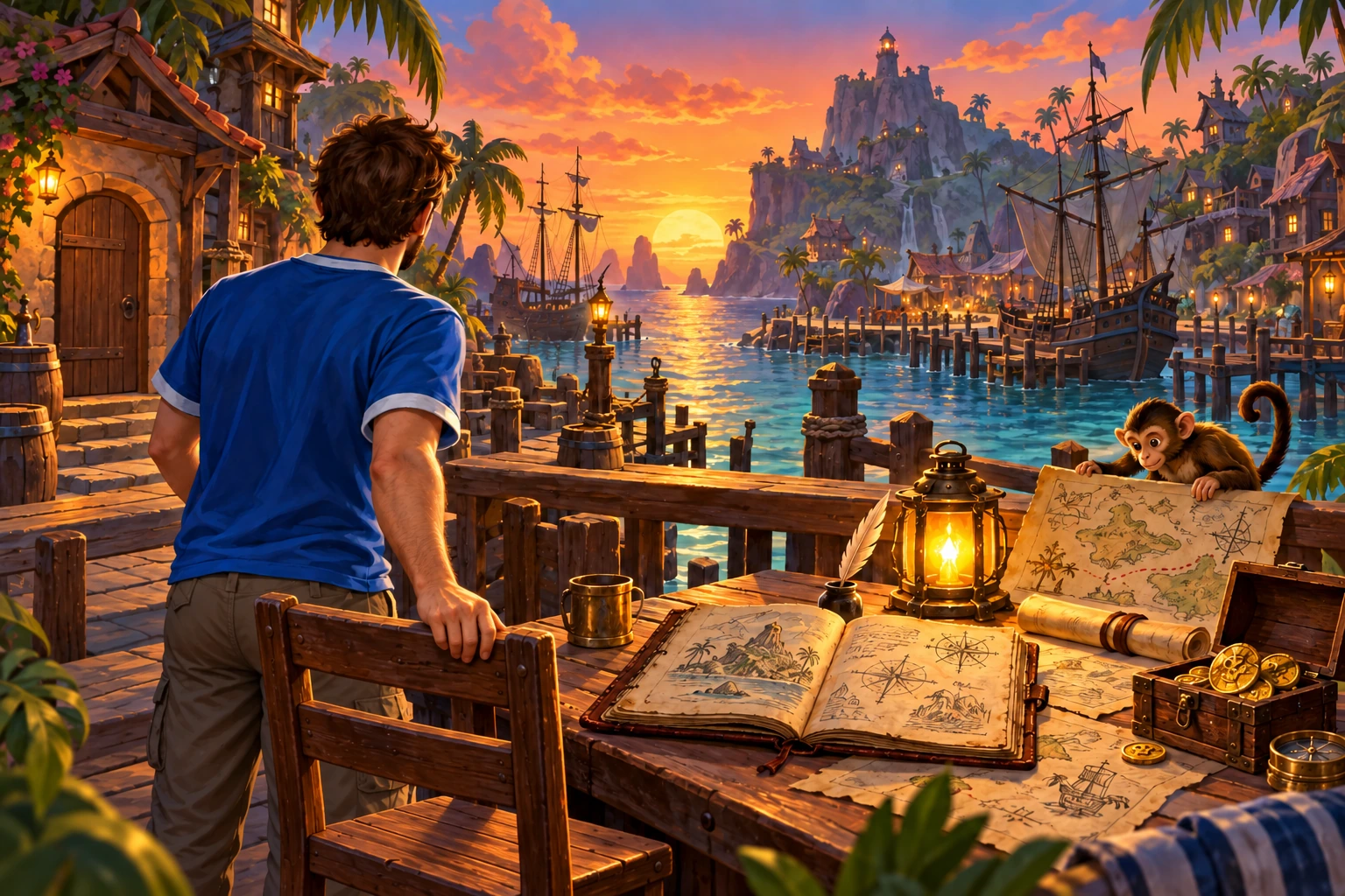 Alfnet, di spalle con una maglia azzurra, accanto a un tavolo con mappe e una scimmia, davanti a un porto caraibico al tramonto.